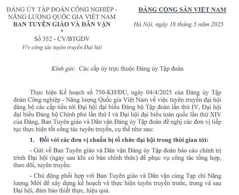 Công văn số 352-CV/BTGDV ngày 18/5/2025  của Đảng ủy Tập đoàn Công nghiệp - Năng lượng Quốc gia Việt Nam.”